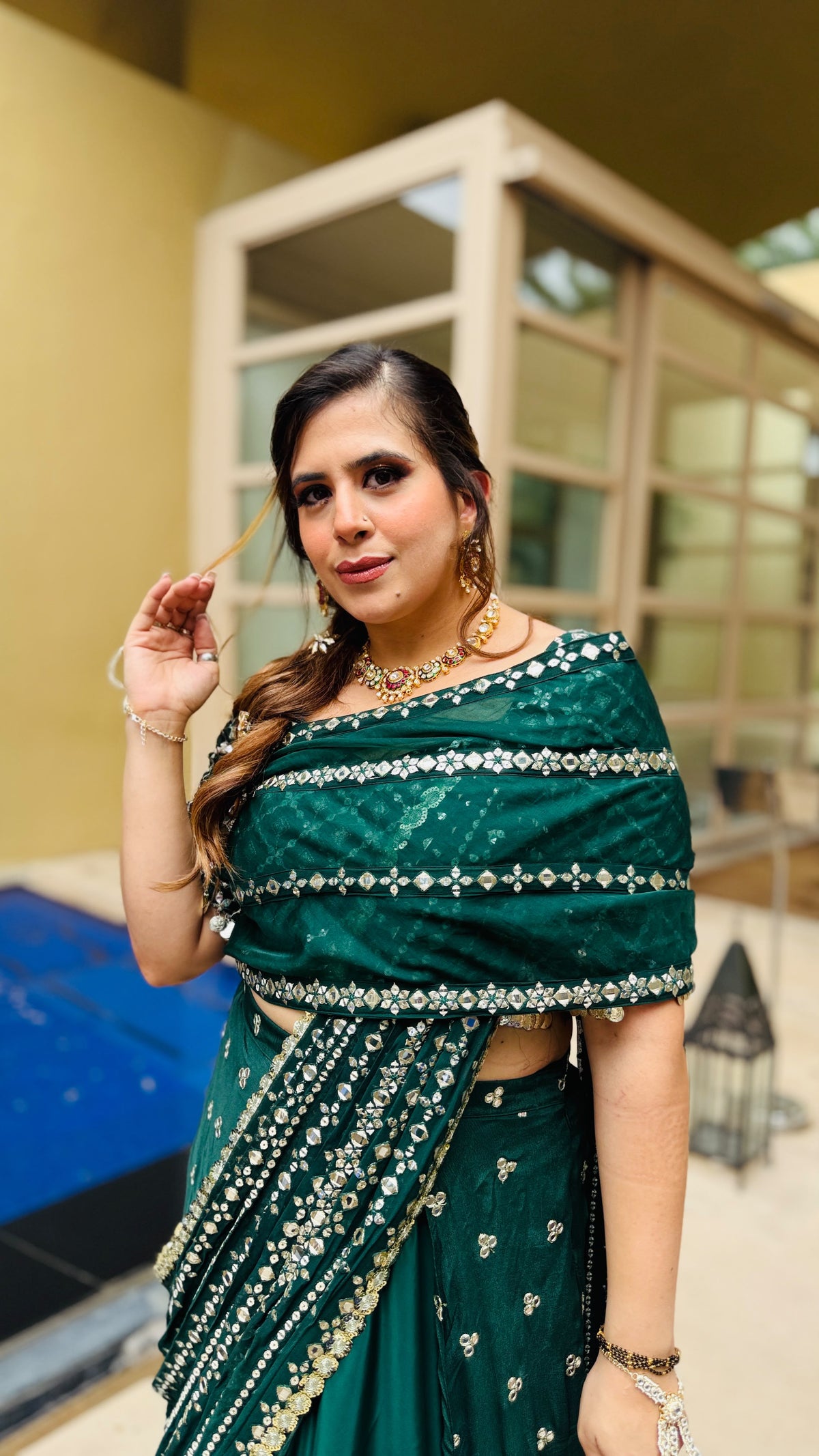 Green Mirror Lehenga Saree