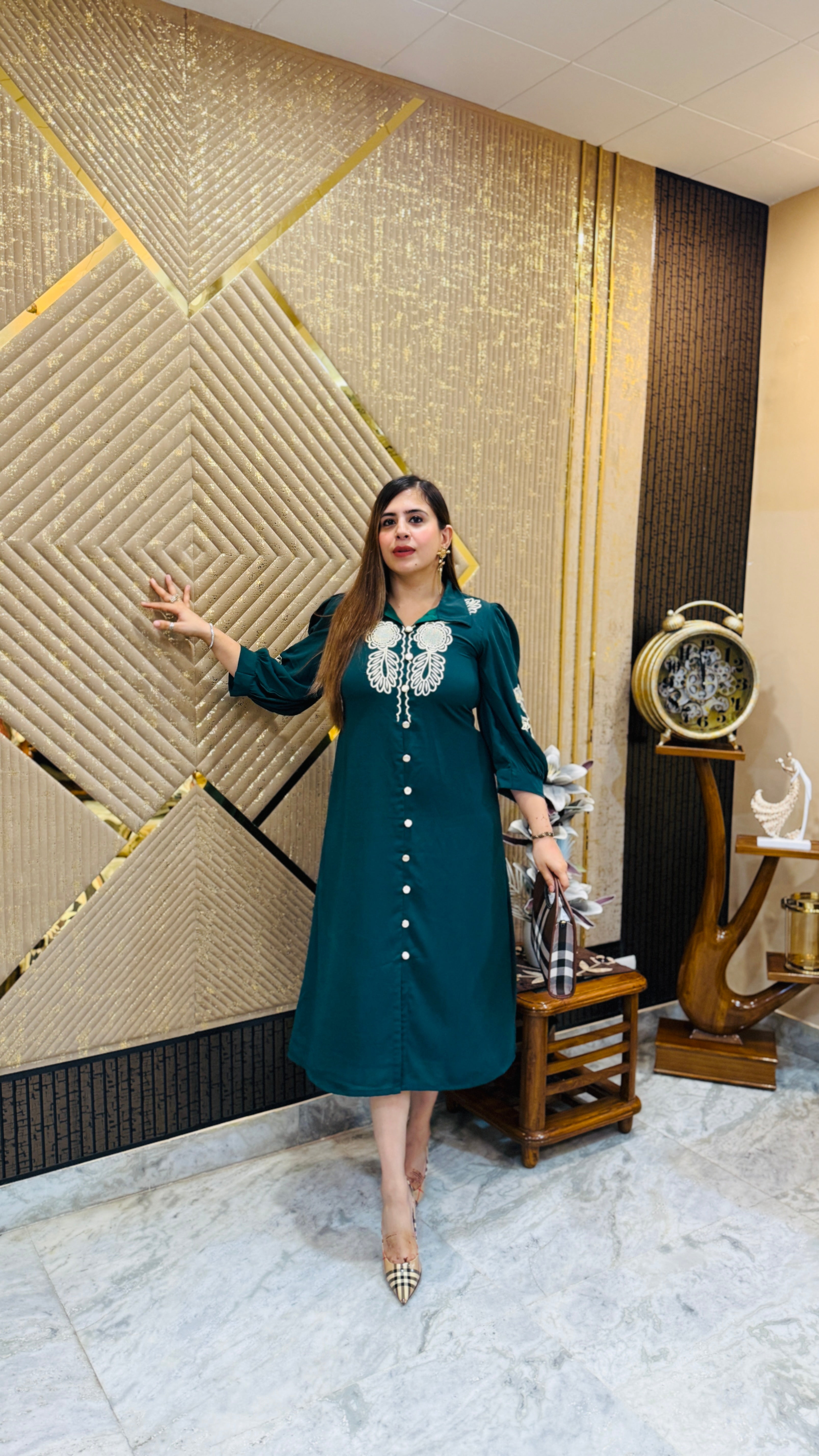 Green Embroidered Midi