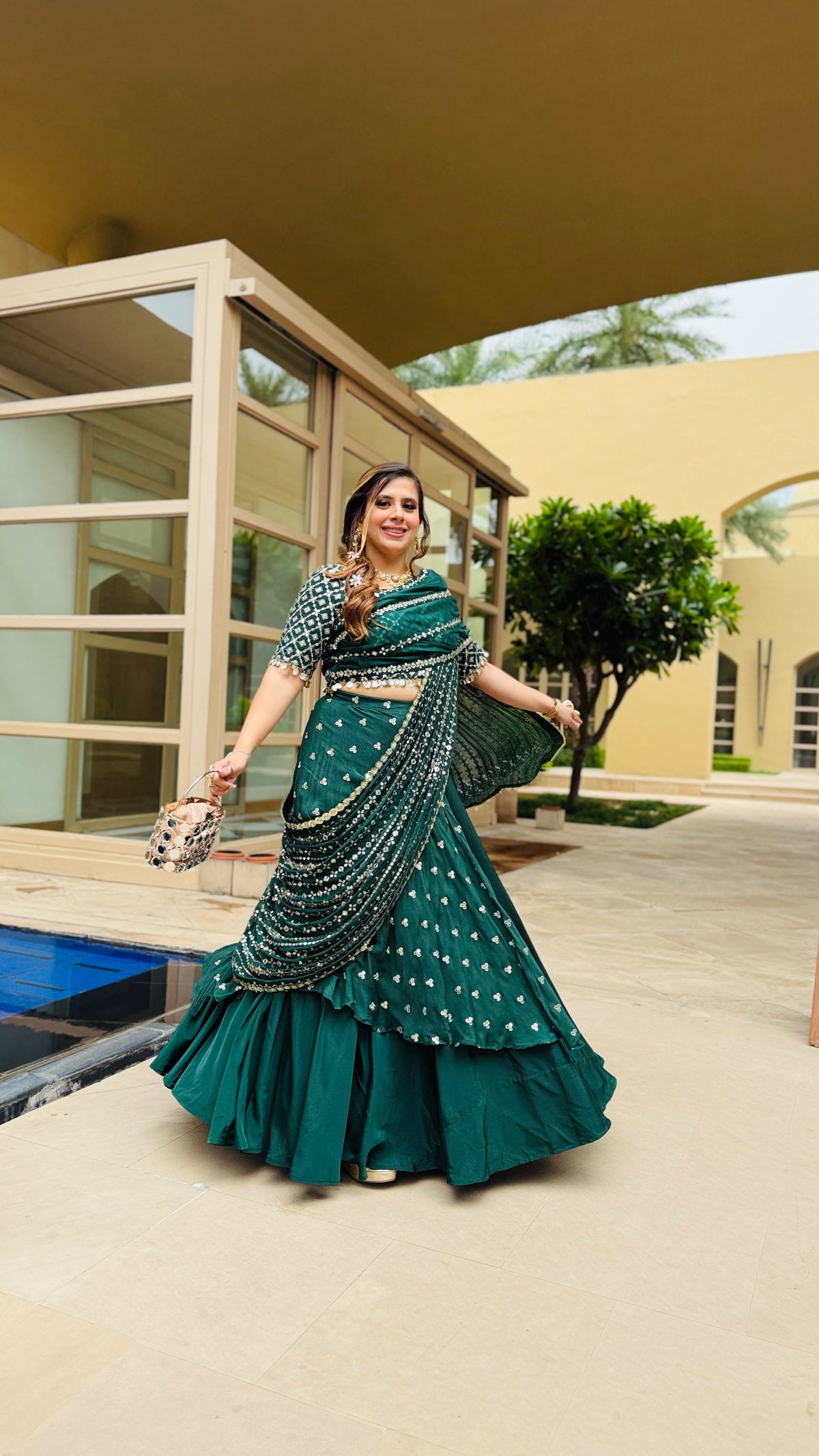 Green Mirror Lehenga Saree