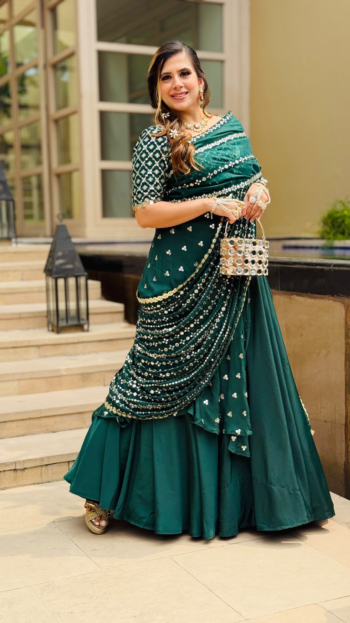 Green Mirror Lehenga Saree