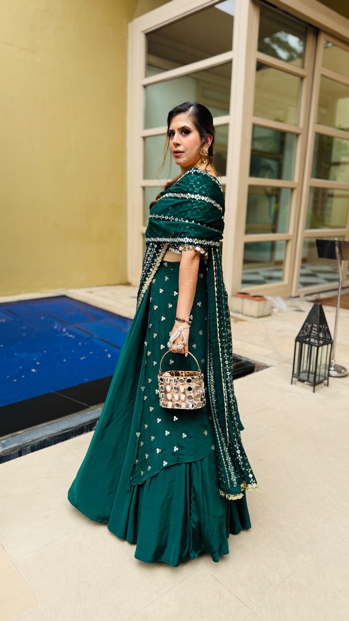Green Mirror Lehenga Saree