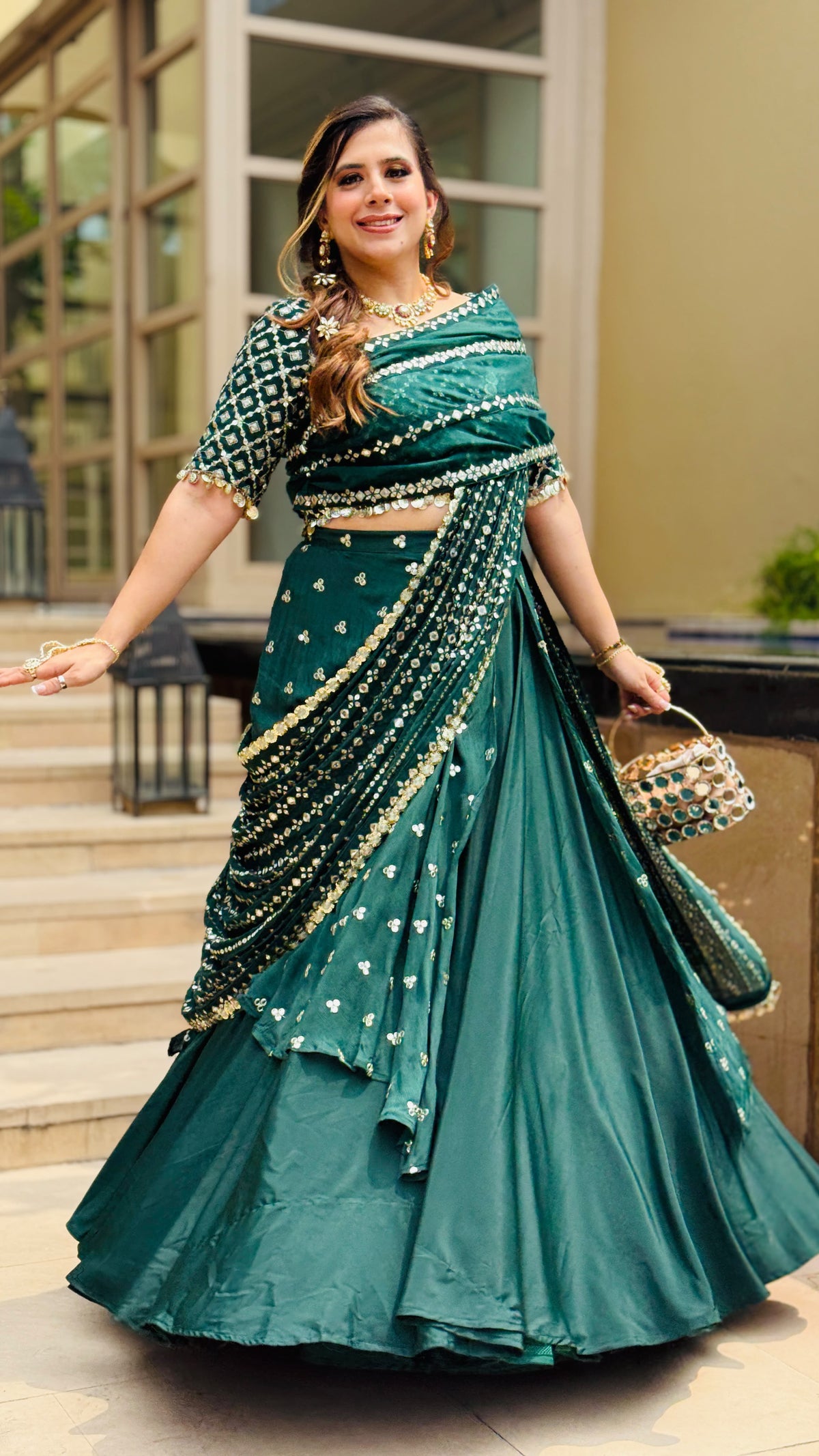 Green Mirror Lehenga Saree
