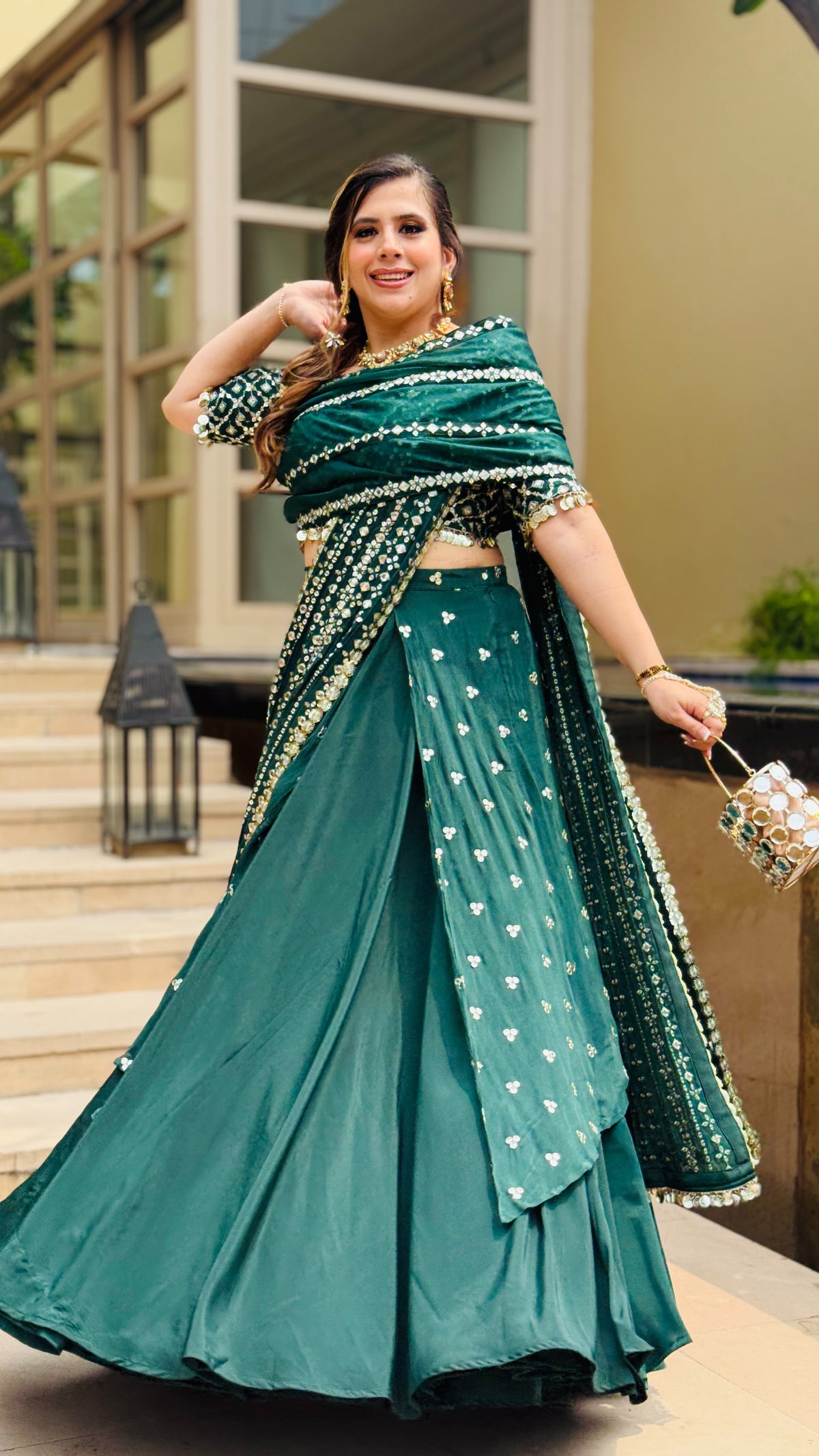 Green Mirror Lehenga Saree
