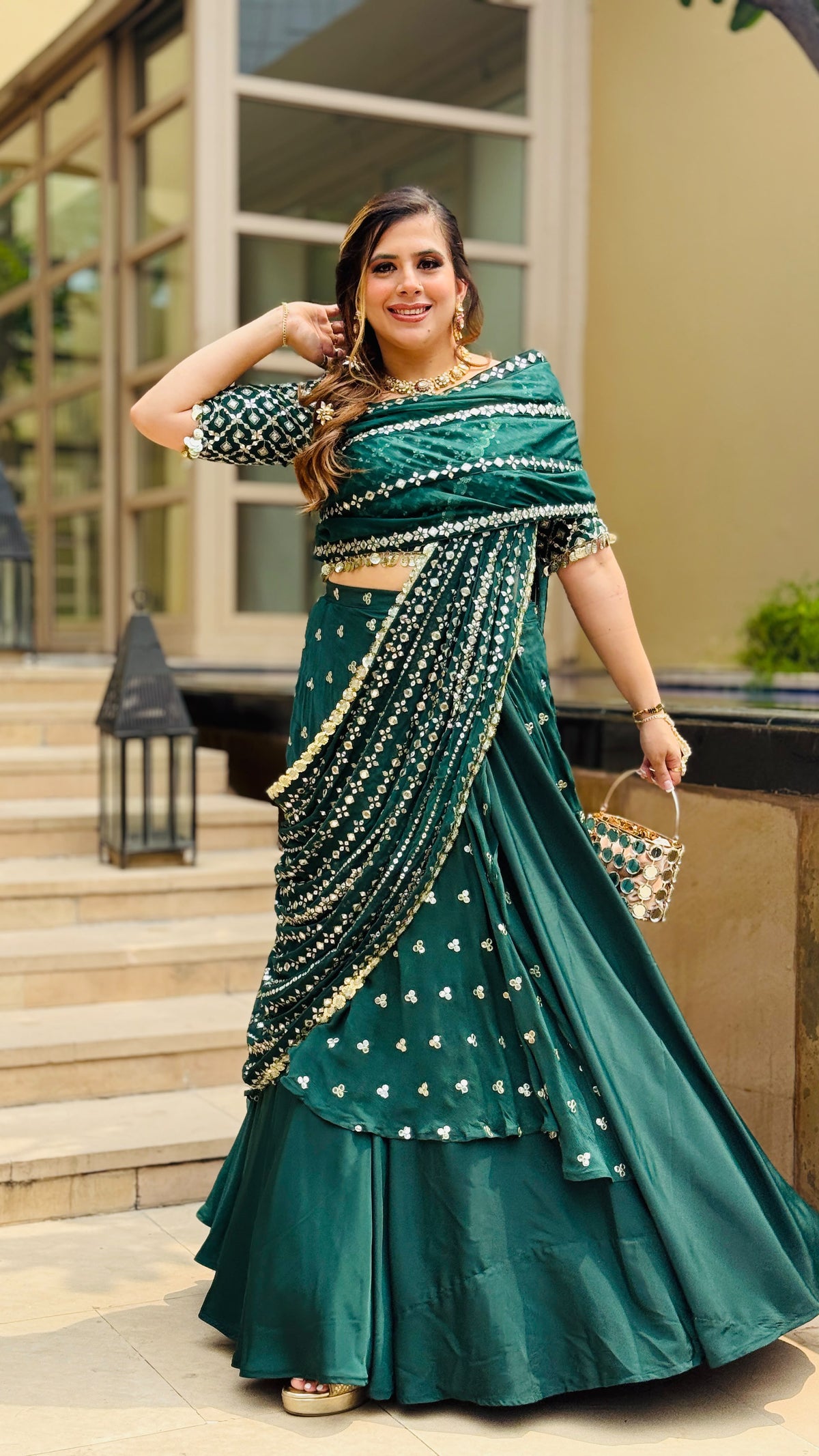 Green Mirror Lehenga Saree