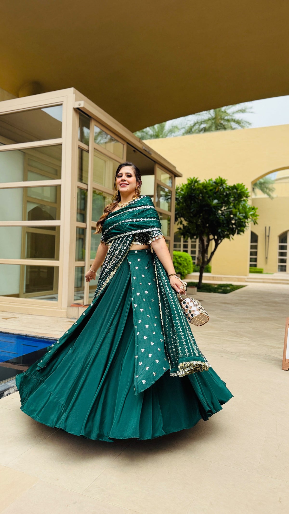 Green Mirror Lehenga Saree