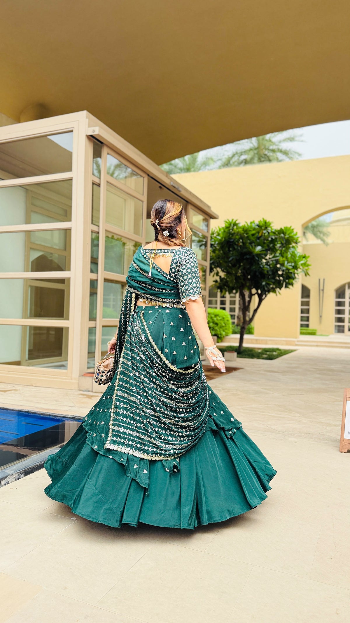 Green Mirror Lehenga Saree