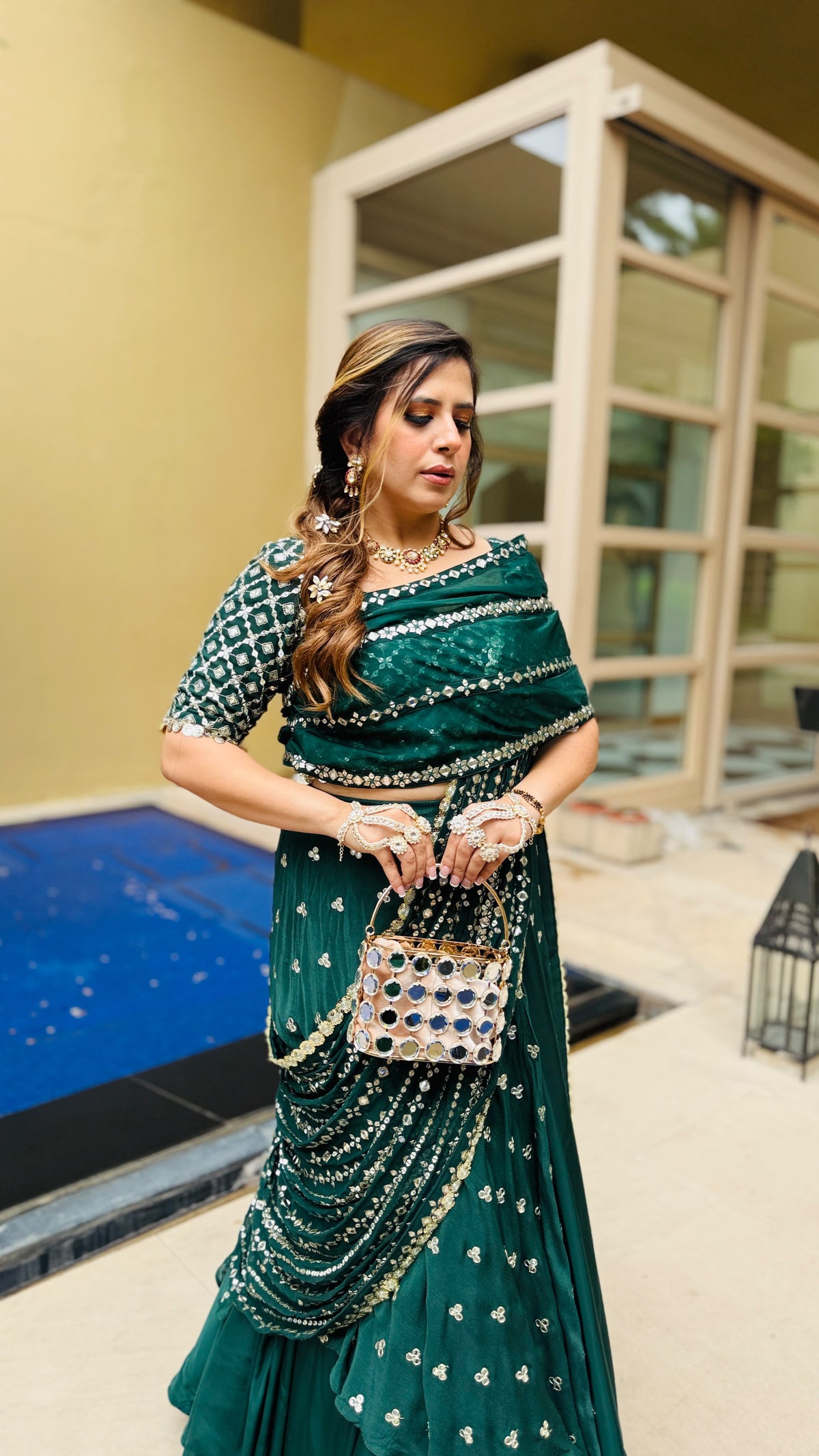 Green Mirror Lehenga Saree