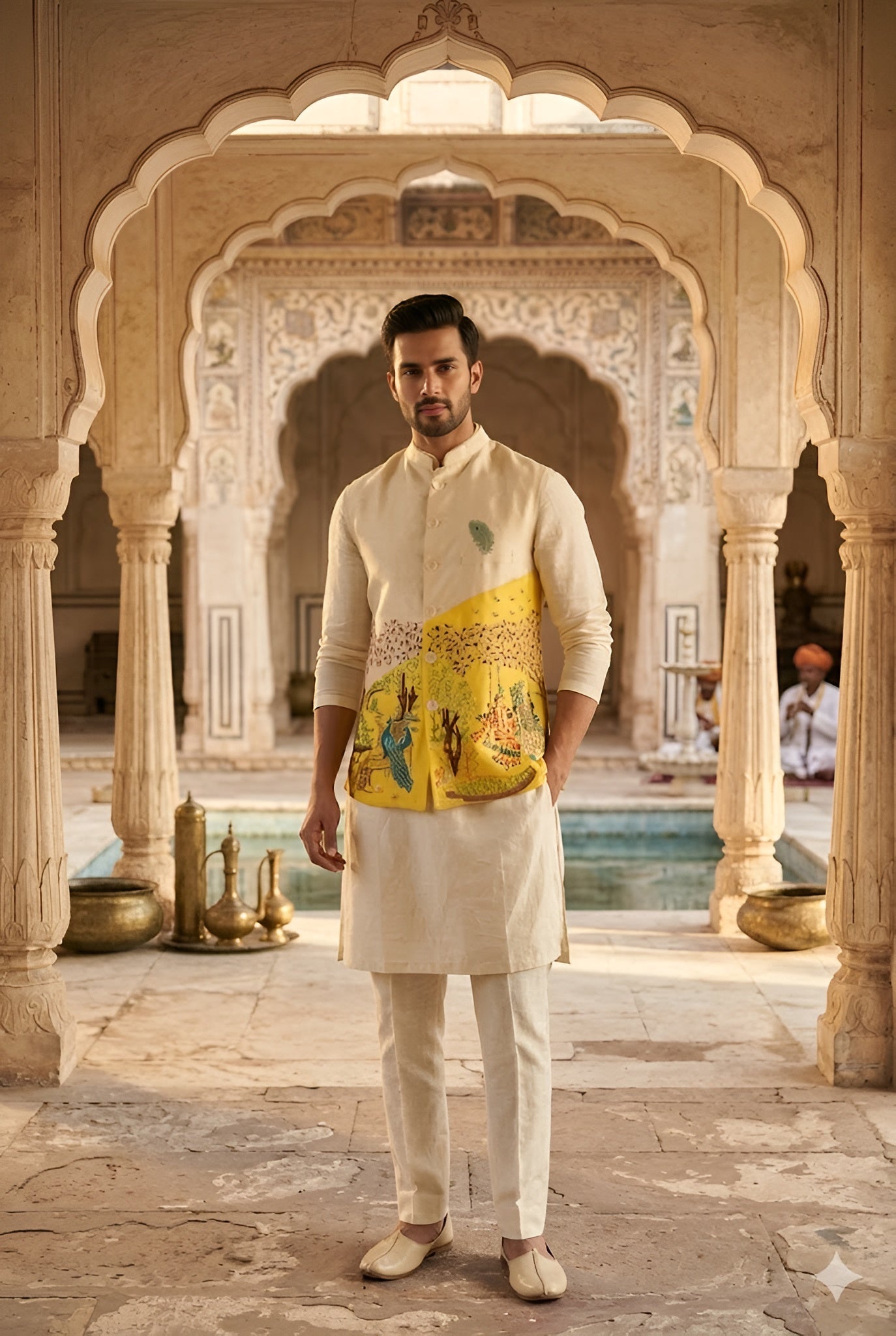 Men’s Cotton Linen Peacock Embroidered Wedding Set