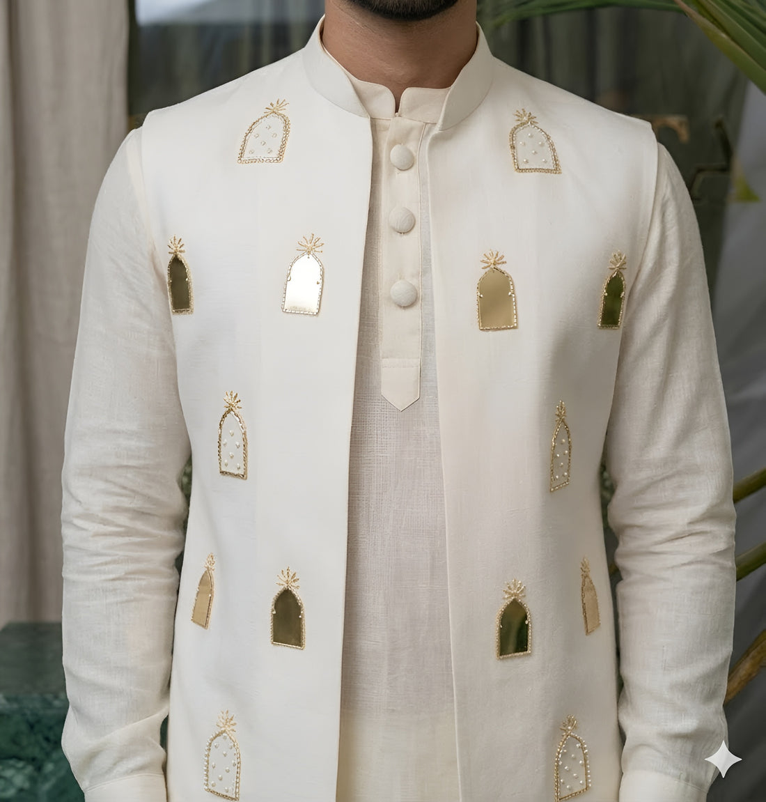 Cream Dola Silk Wedding Kurta Jacket Set