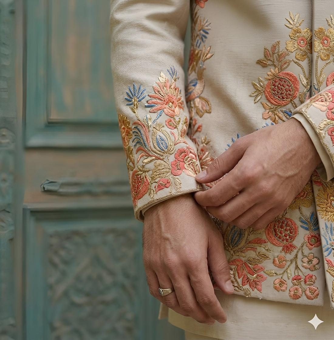 Beige Japanese Lycra Wedding Kurta Jacket Set