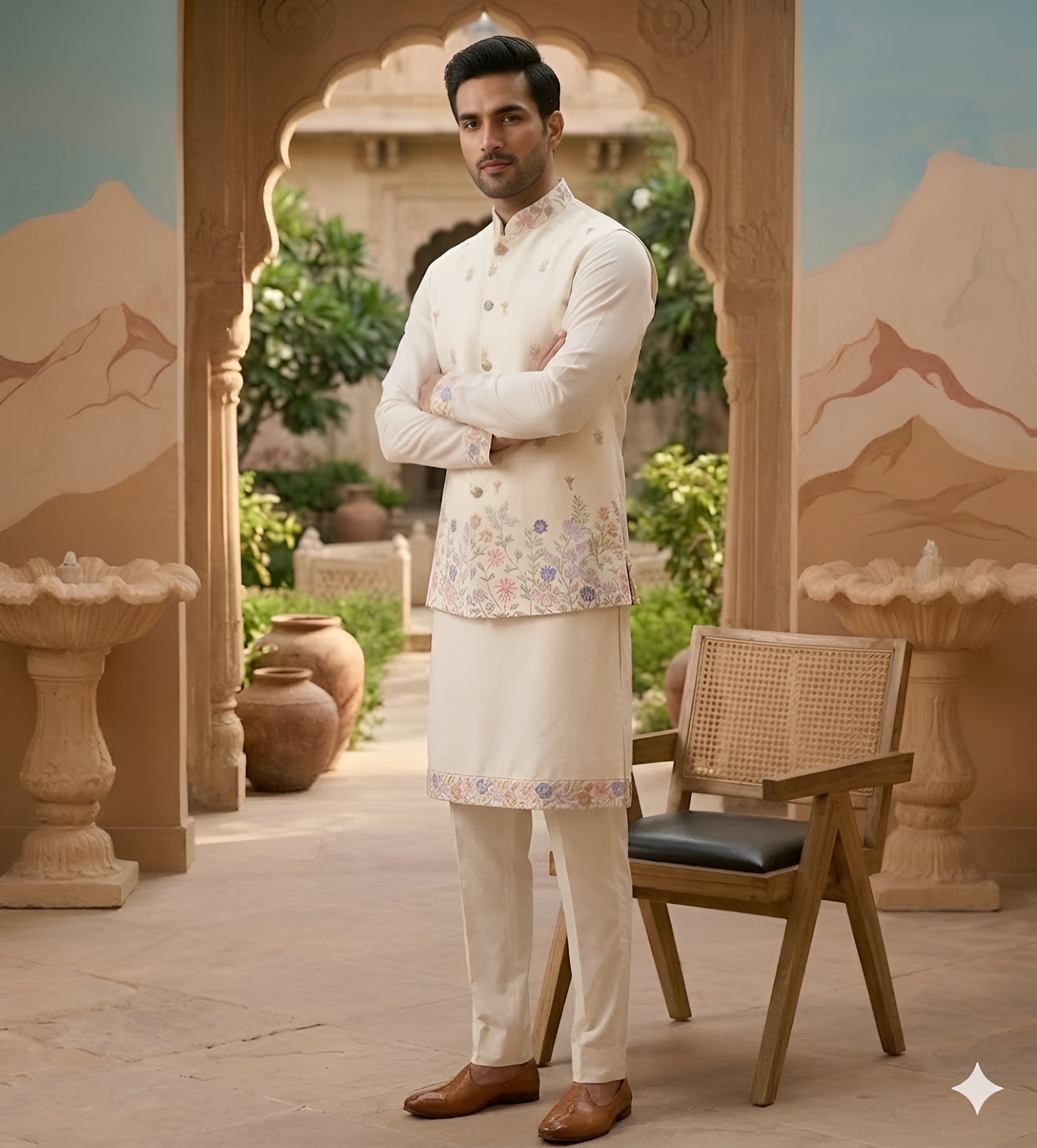 Cream Floral Embroidered Dola Silk Kurta Set