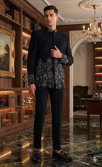 Black Embroidered Bandhgala Suit for Men