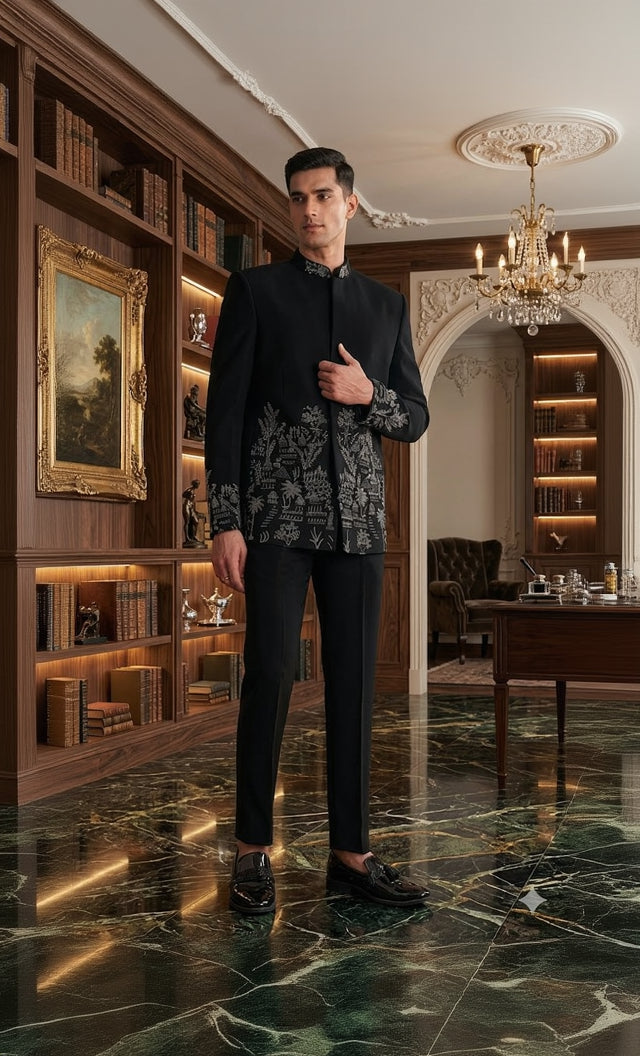 Black Embroidered Bandhgala Suit for Men | Lakhina Couture
