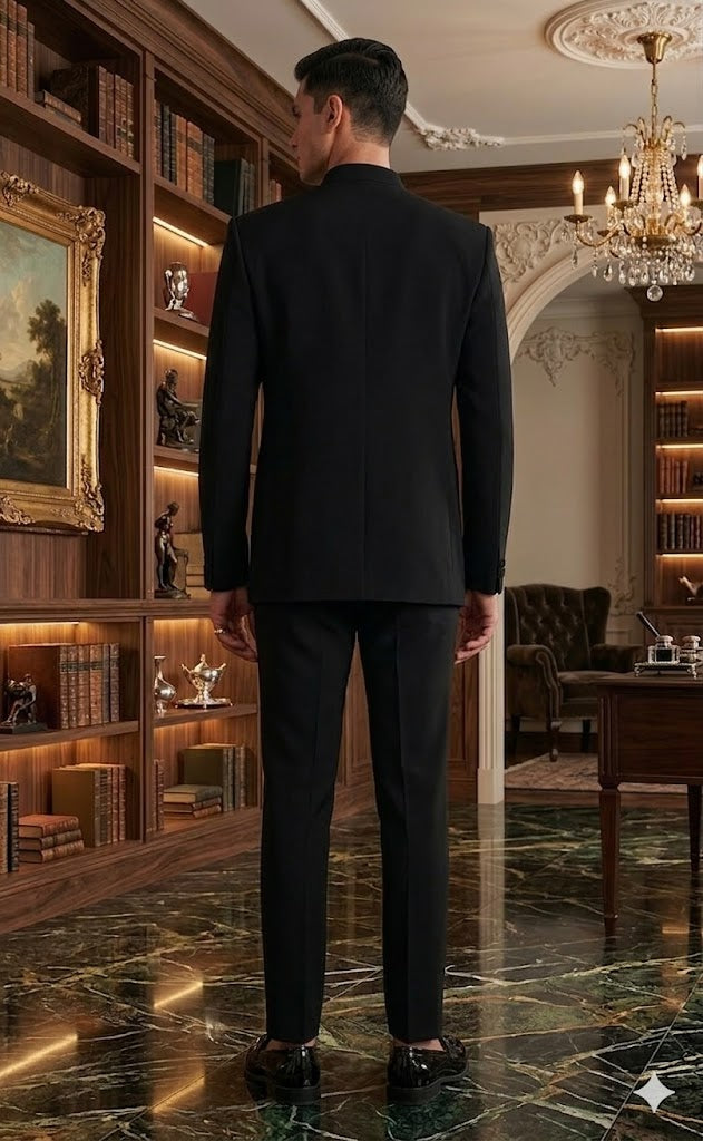 Black Embroidered Bandhgala Suit for Men