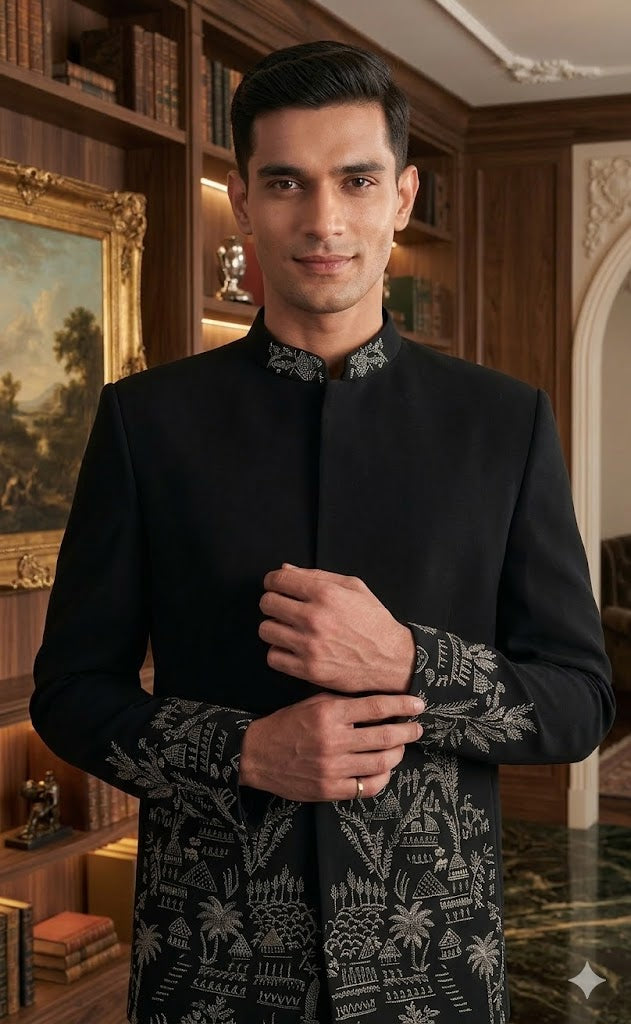 Black Embroidered Bandhgala Suit for Men