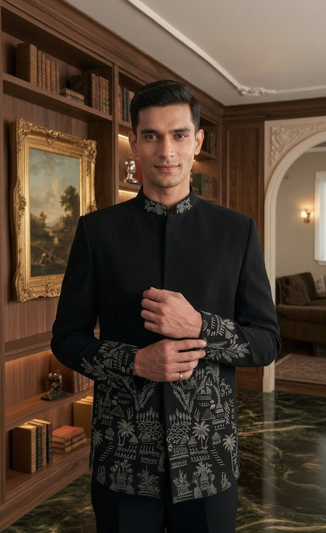 Black Embroidered Bandhgala Suit for Men | Lakhina Couture - Look 2