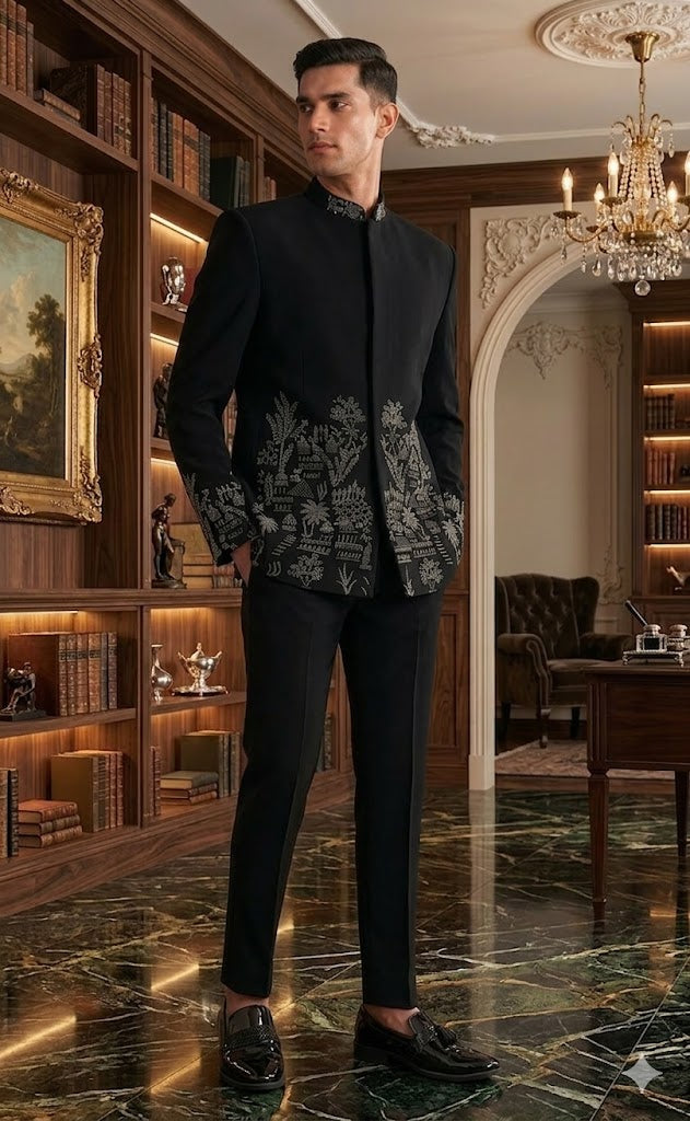 Black Embroidered Bandhgala Suit for Men