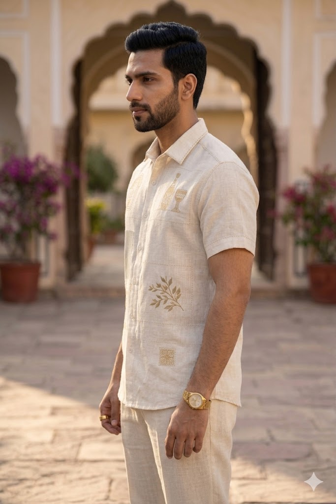 Men’s White Linen Embroidered Summer Shirt