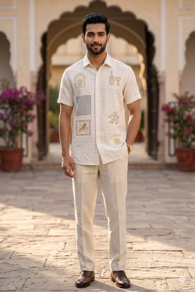 Men’s White Linen Embroidered Summer Shirt