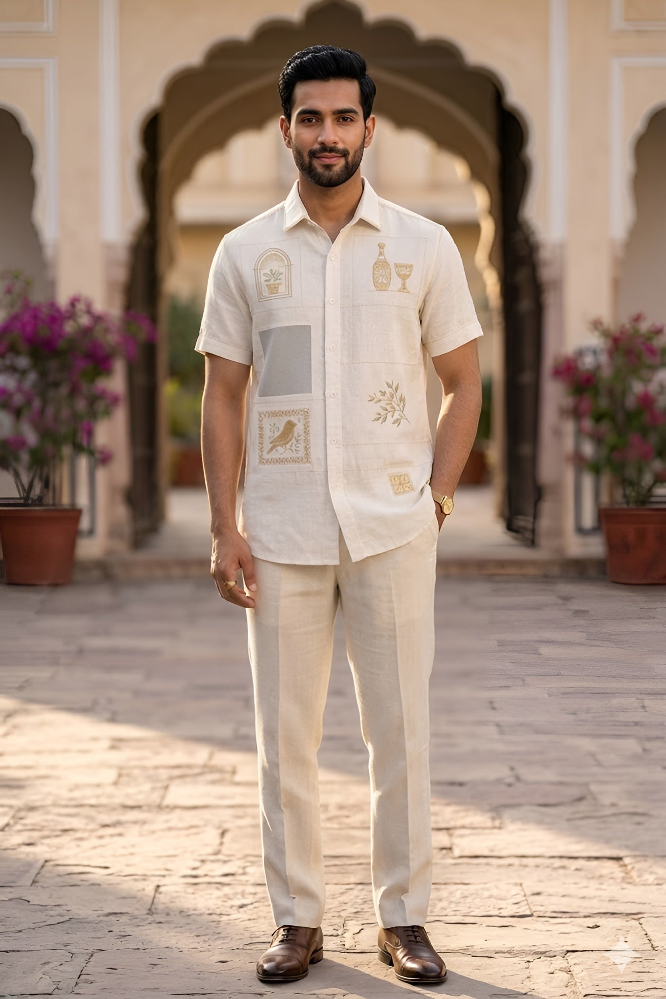 Men’s White Linen Embroidered Summer Shirt