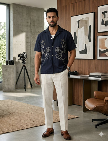 Men’s Navy Blue Cotton Embroidered Summer Shirt