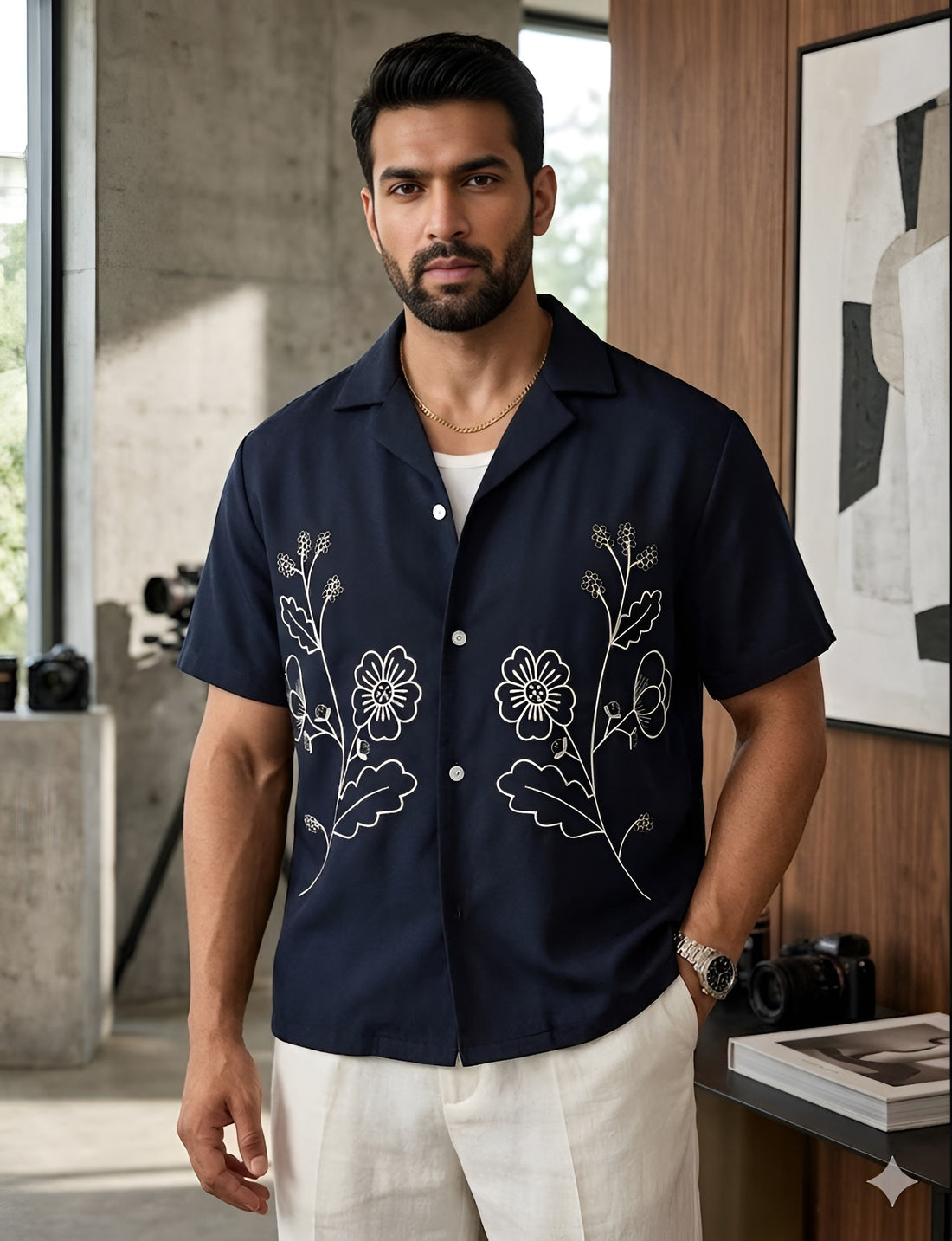 Men’s Navy Blue Cotton Embroidered Summer Shirt