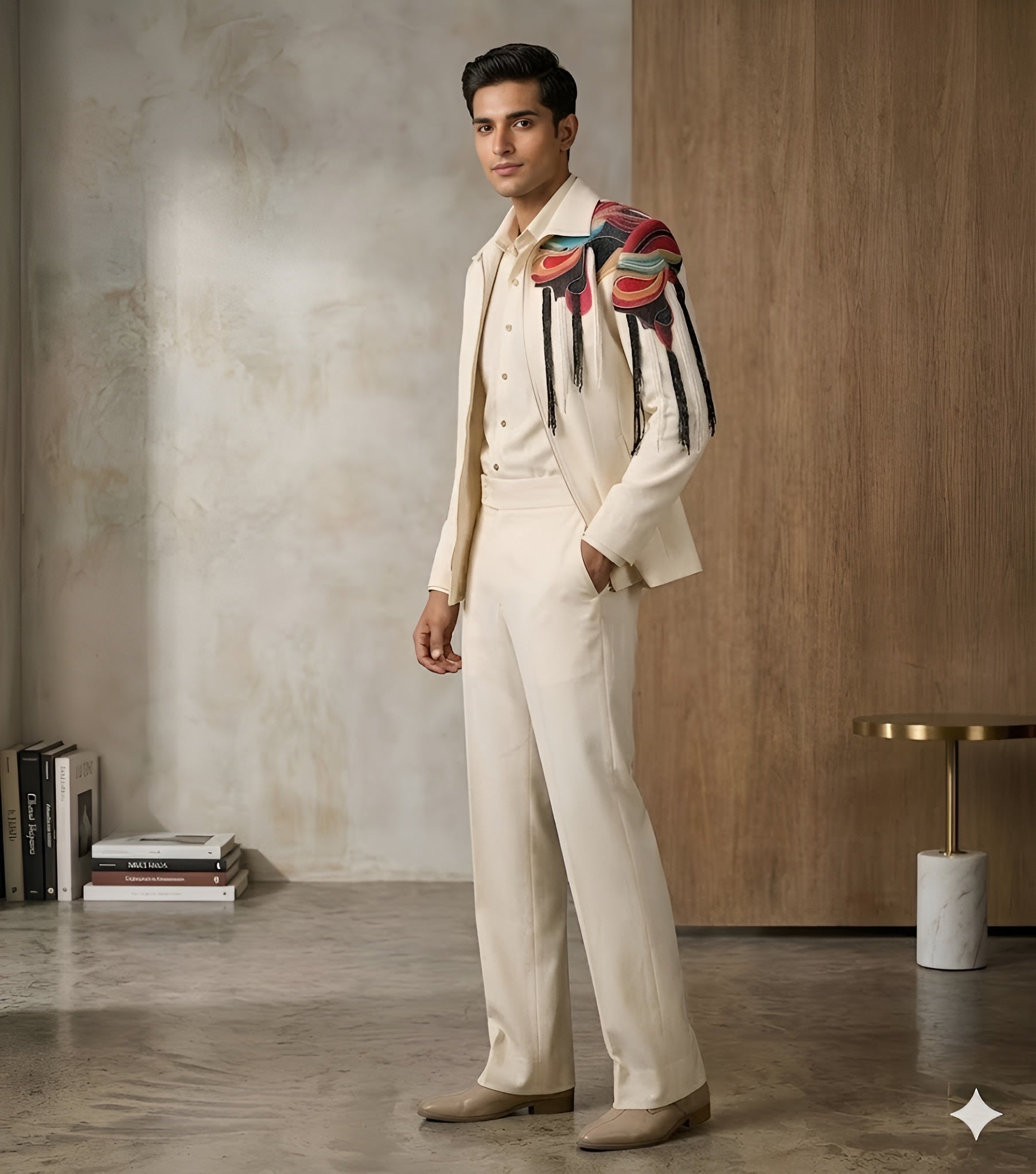 Men’s Cream Western Suit With Hand Embroidered Jacket