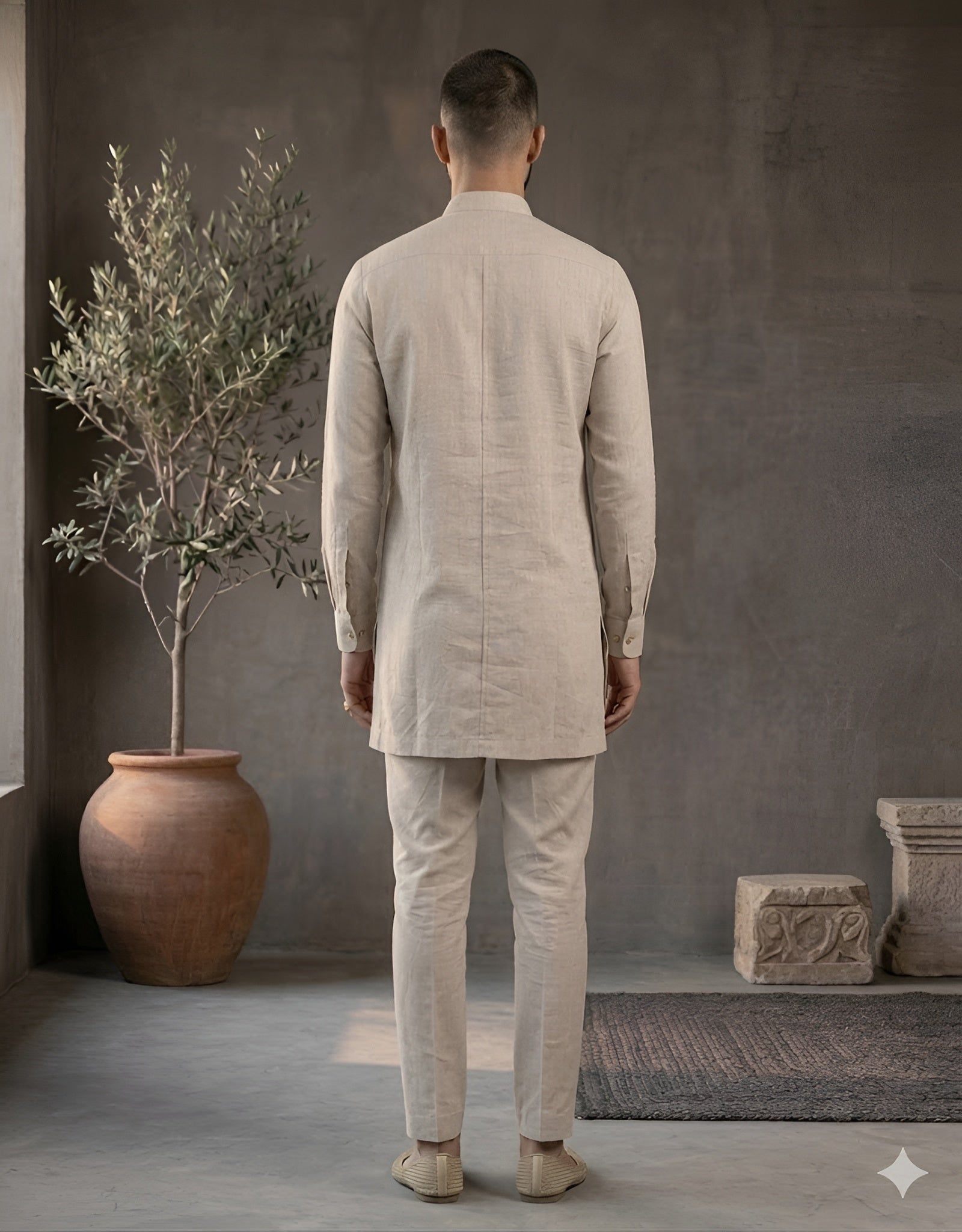 Man wearing a beige traditional outfit standing in a room with a plant and stone sculpture.