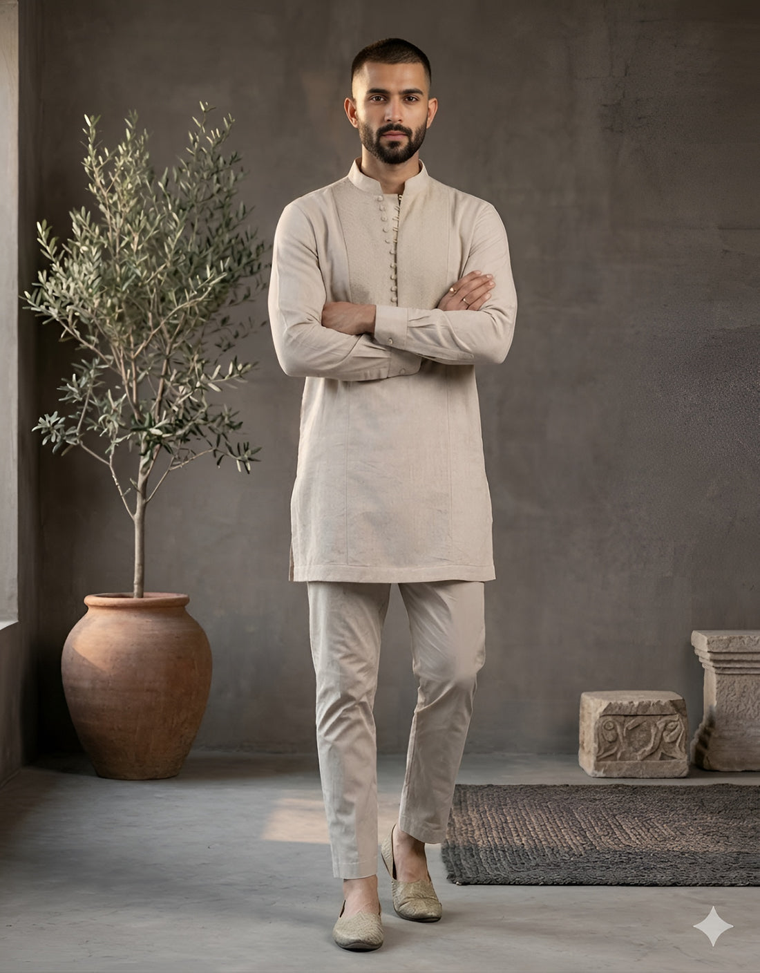 Man wearing a beige kurta with crossed arms in a room with a plant and stone decor.