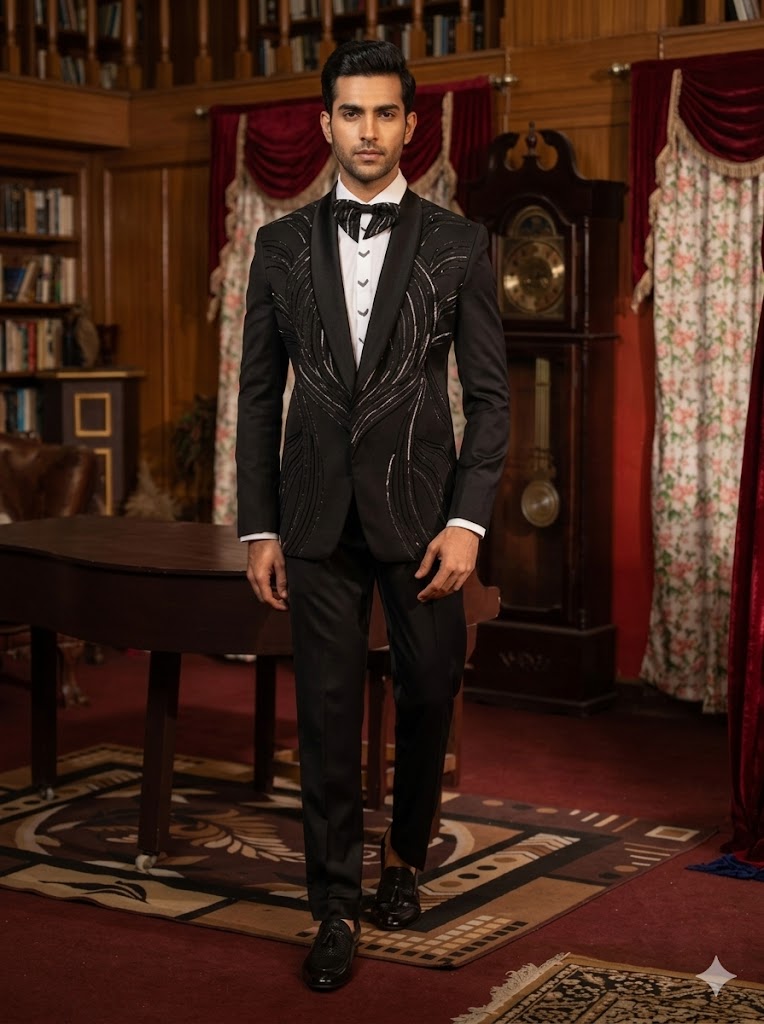 Men’s Black Sequin Embroidered Tuxedo Suit