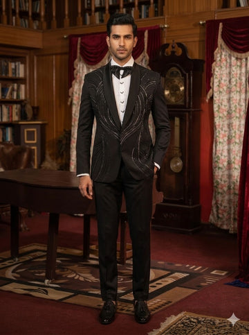 Men’s Black Sequin Embroidered Tuxedo Suit