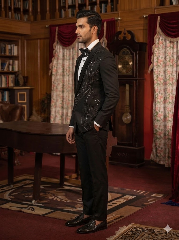 Men’s Black Sequin Embroidered Tuxedo Suit