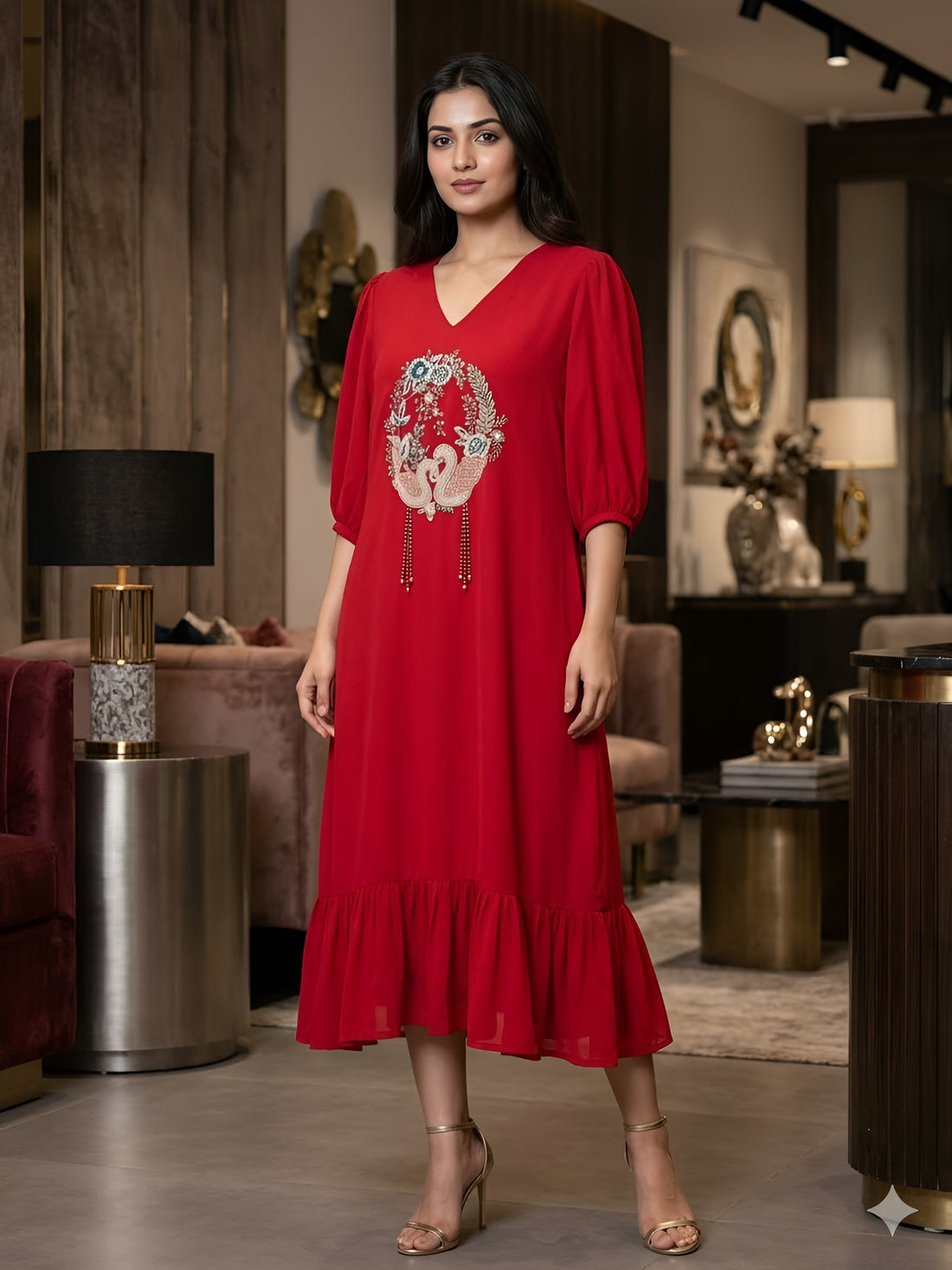Woman wearing a red dress with intricate design in a stylish interior setting