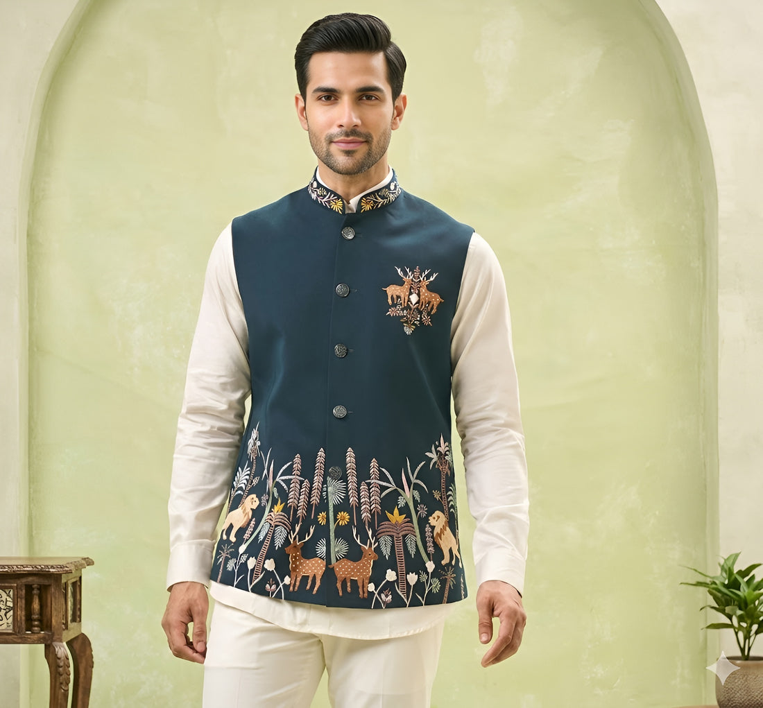 Men’s Cream Dola Silk Peacock Embroidered Wedding Set