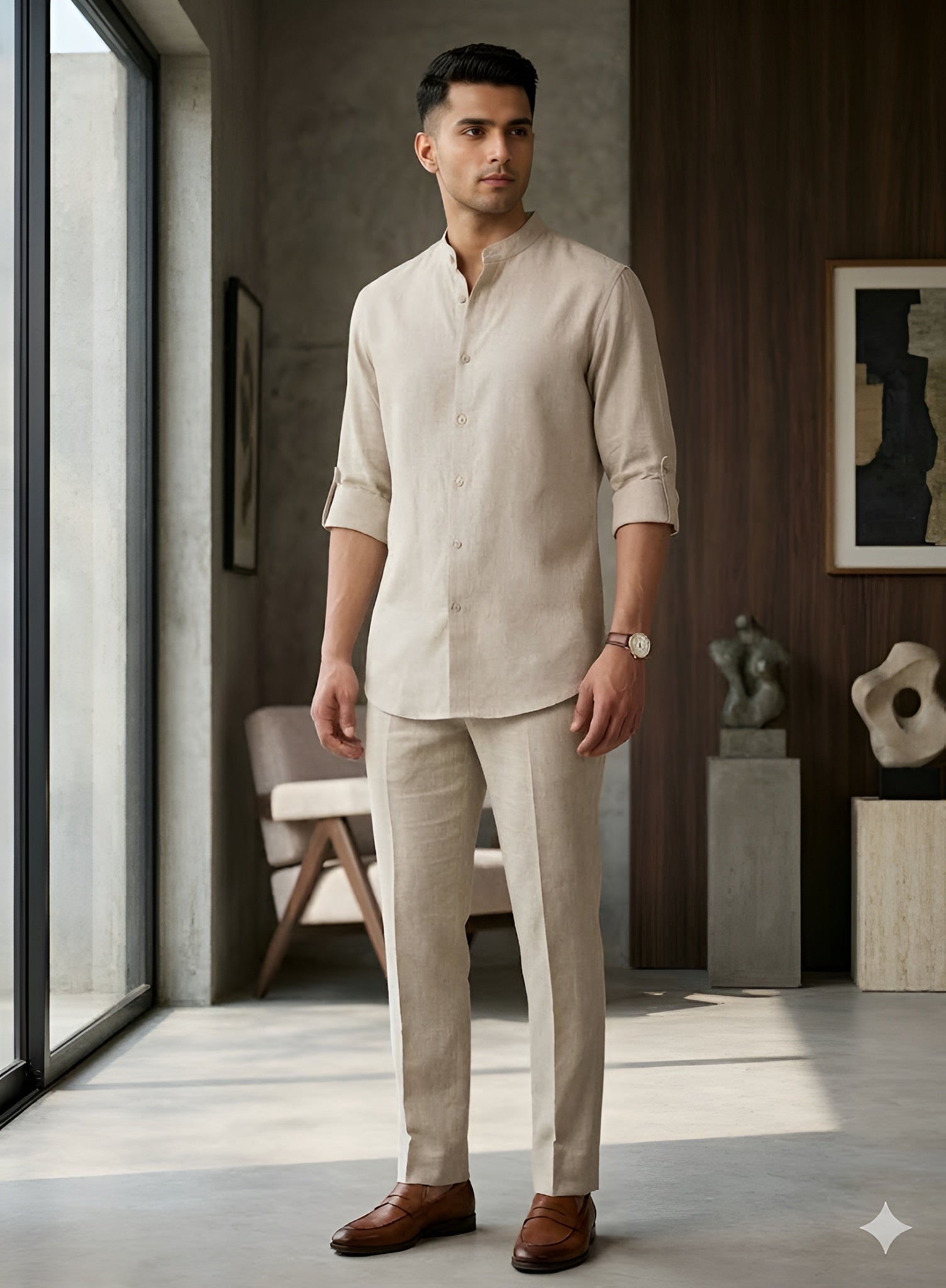 Men’s Beige Cotton Linen Animal Embroidered Wedding Set