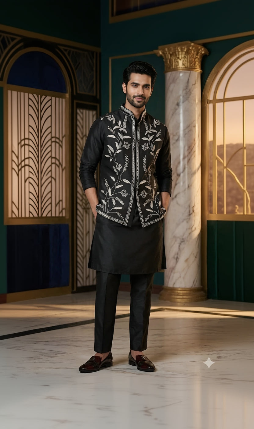 Men’s Black Dola Silk Waistcoat Kurta Set | Lakhina Couture