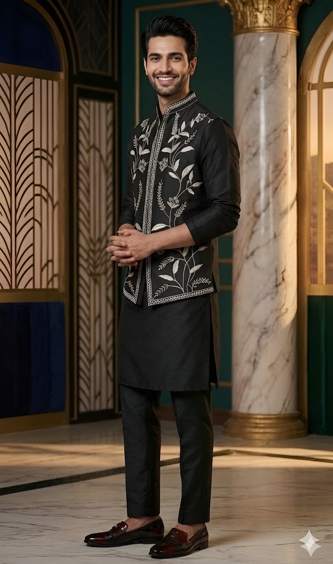 Men’s Black Dola Silk Waistcoat Kurta Set