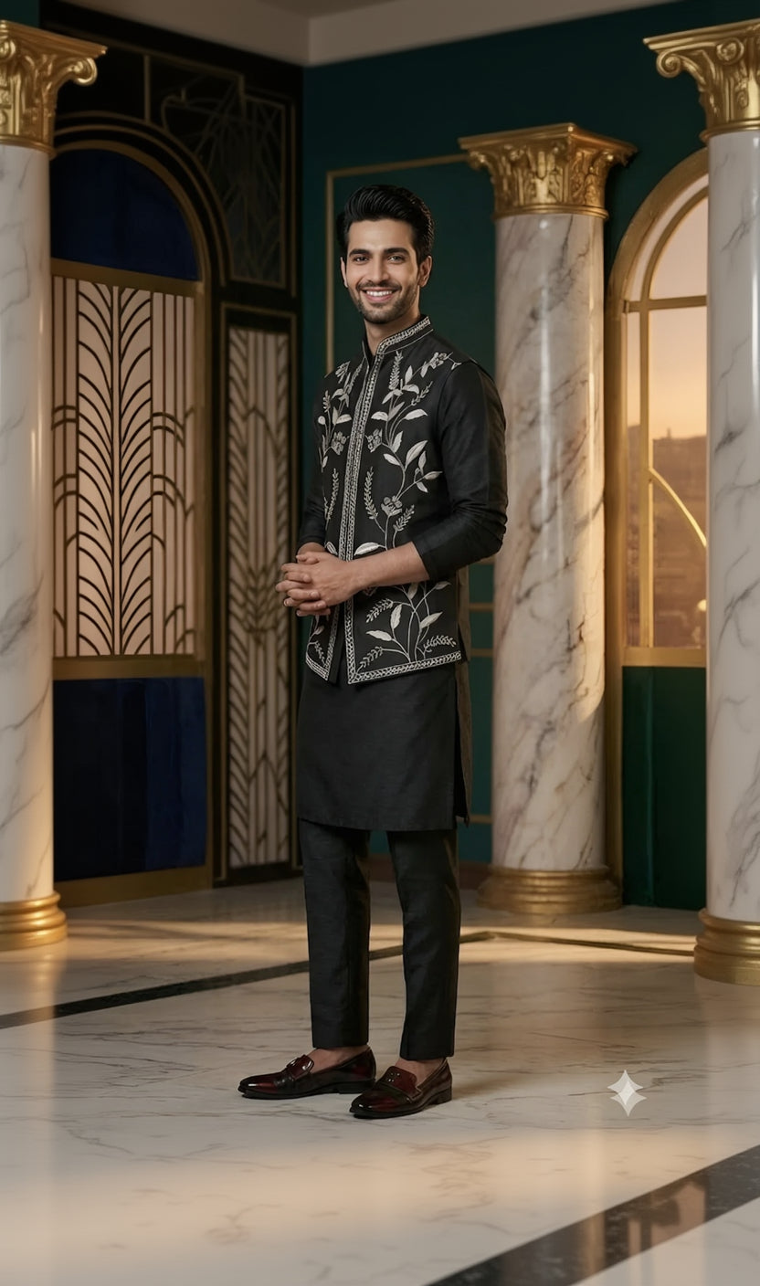 Men’s Black Dola Silk Waistcoat Kurta Set | Lakhina Couture - Look 2