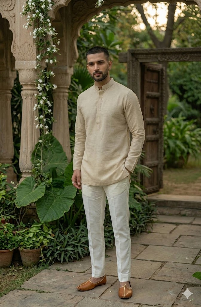 Beige Dola Silk Wedding Kurta Jacket Set