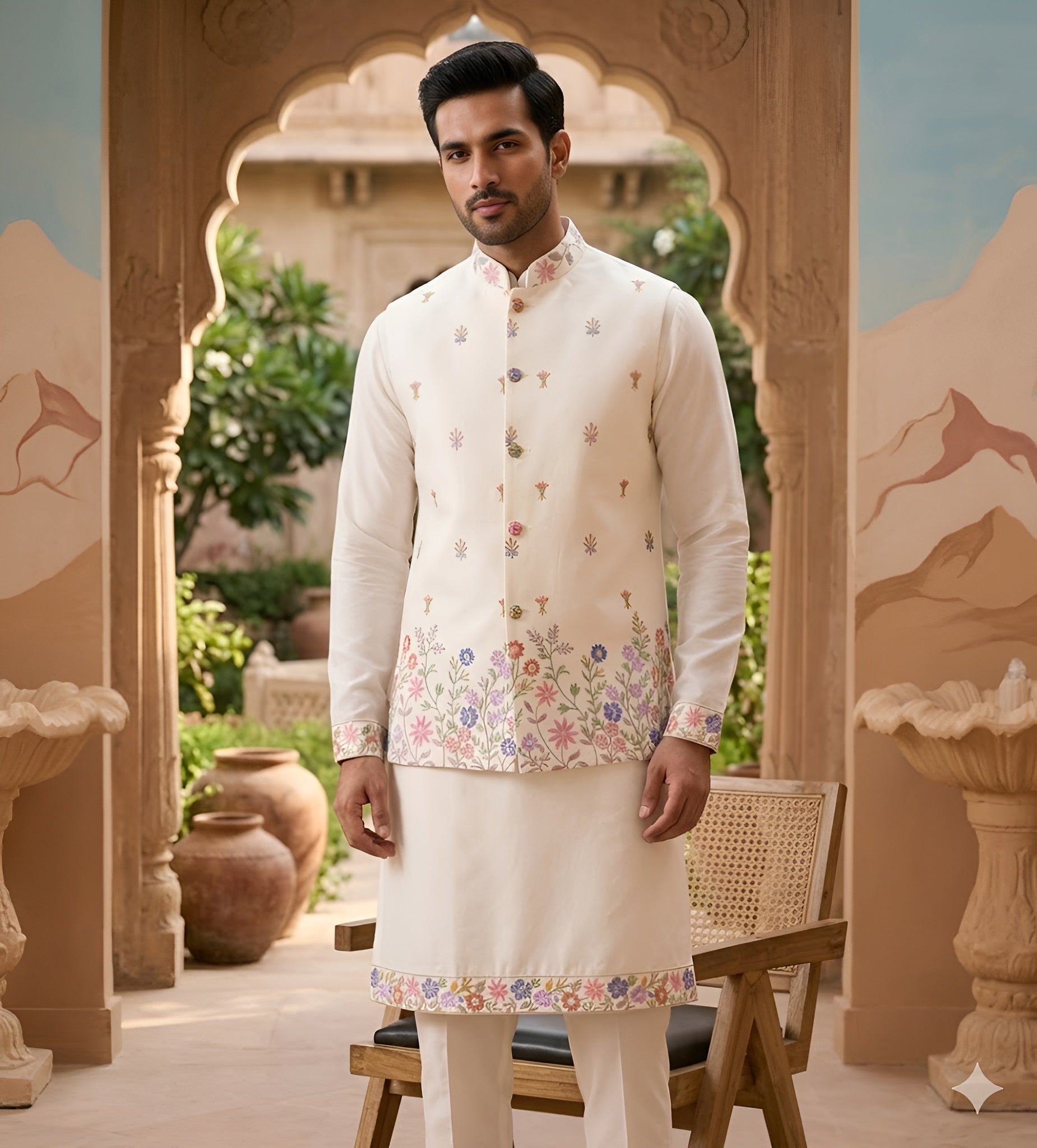 Cream Floral Embroidered Dola Silk Kurta Set