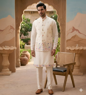 Cream Floral Embroidered Dola Silk Kurta Set
