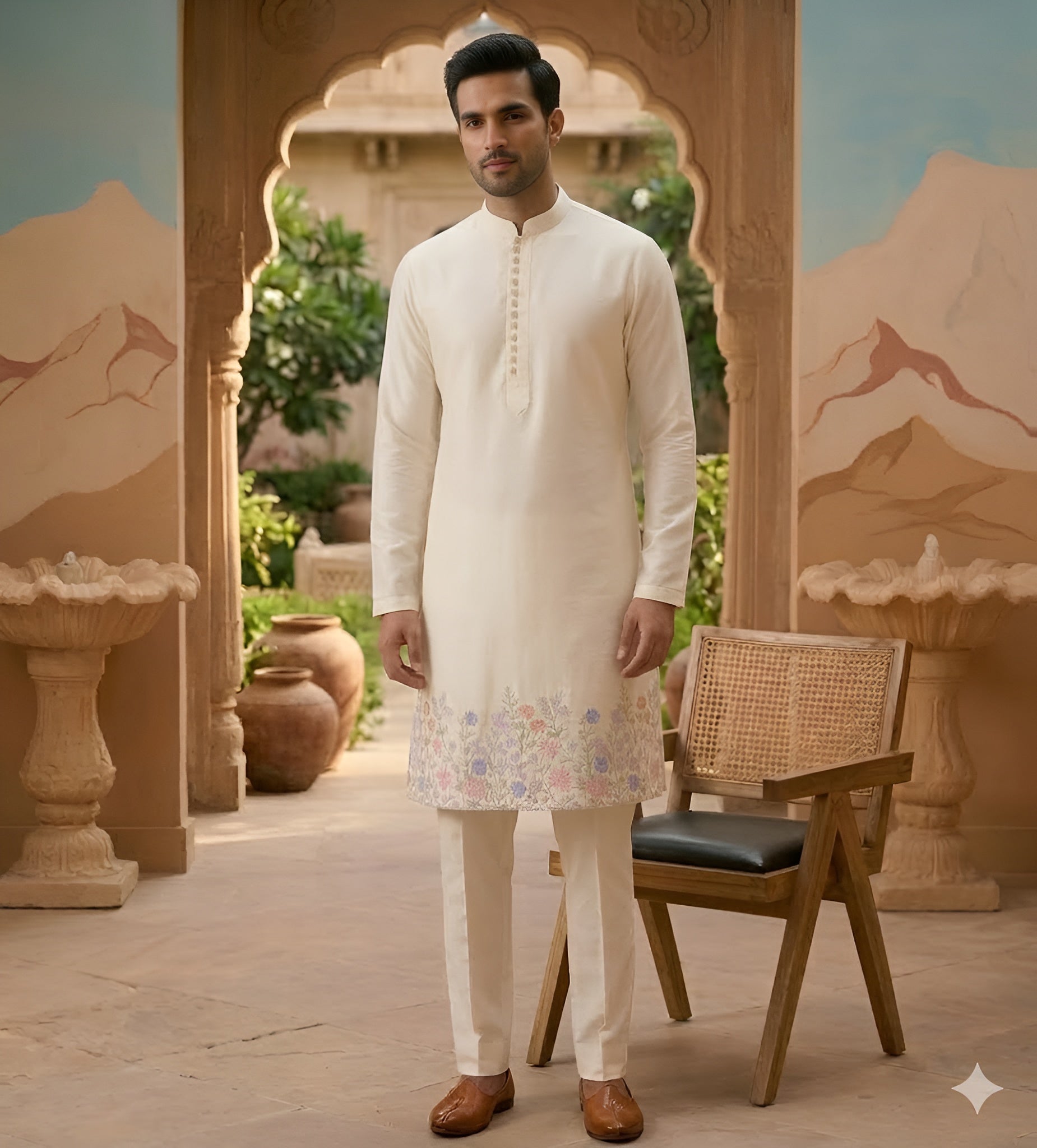 Cream Floral Embroidered Dola Silk Kurta Set