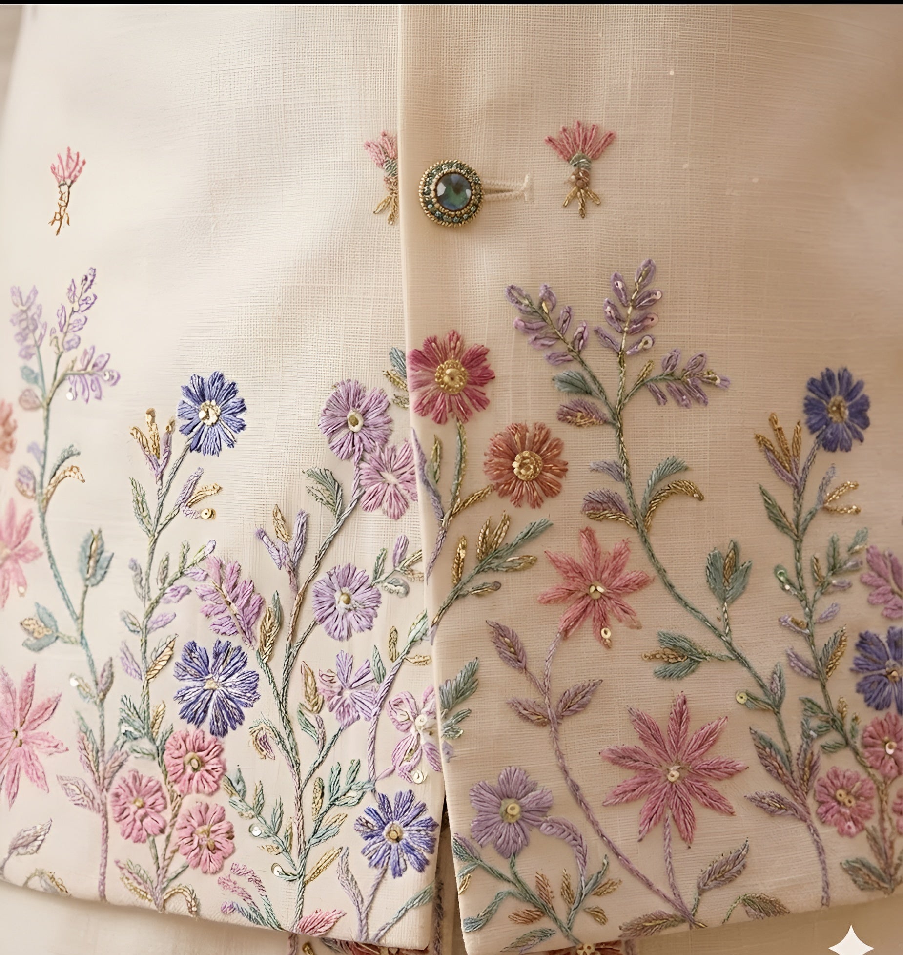 Close-up of embroidered fabric with floral patterns on a beige background