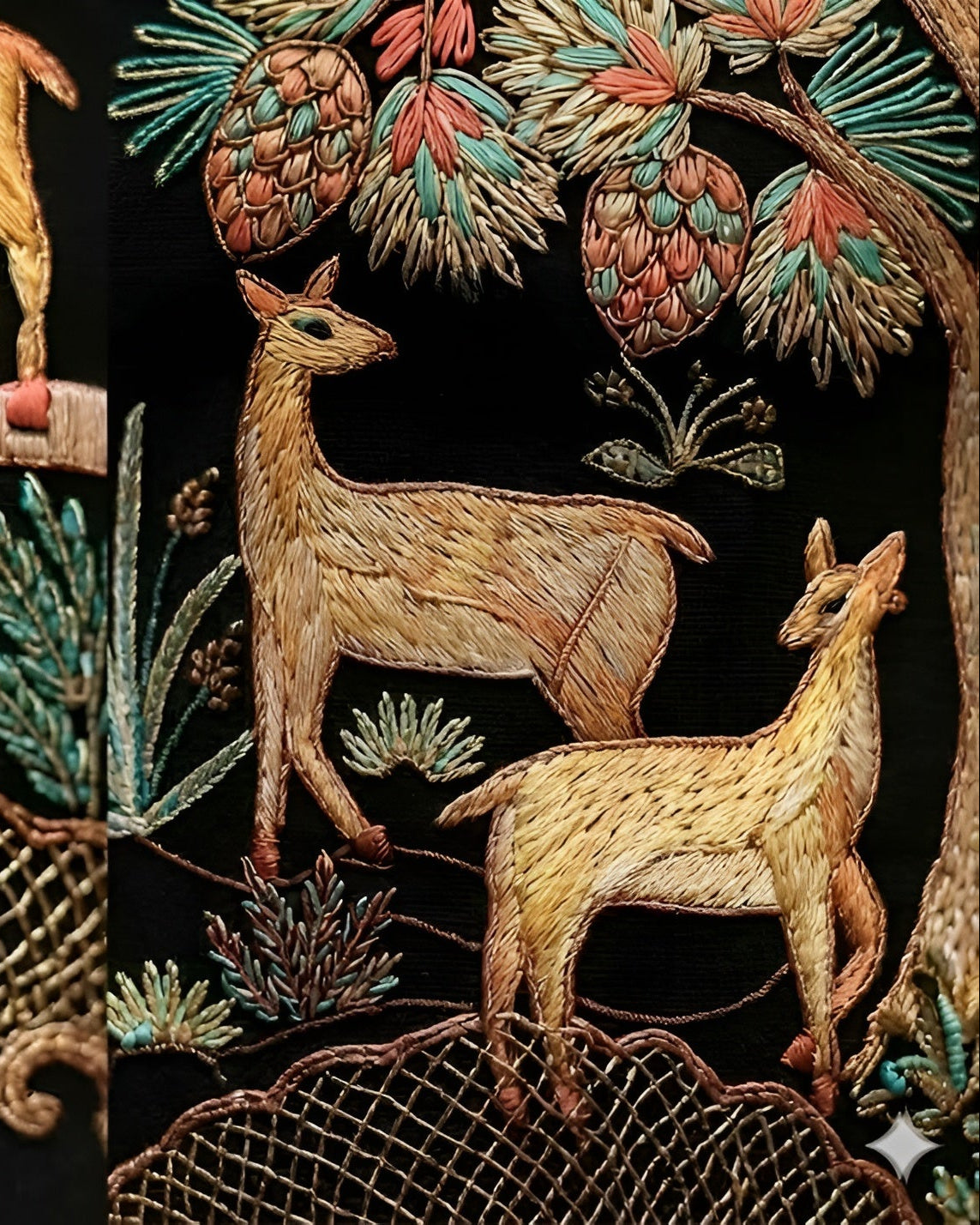 Embroidered design of deer and nature elements on a dark background