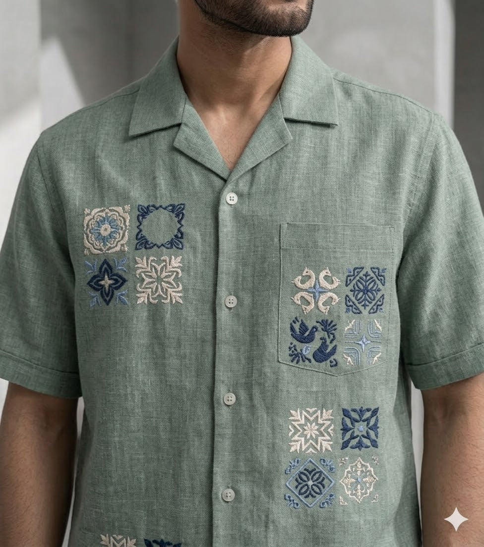 Men’s Sage Green Linen Summer Party Shirt