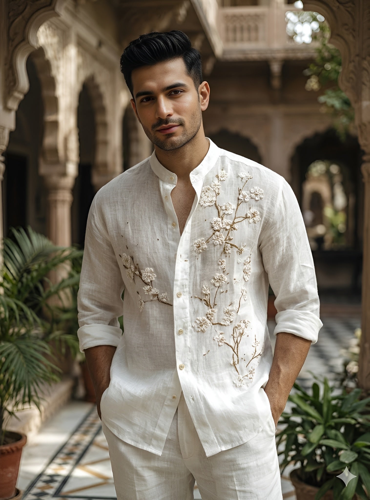 Men’s Linen Floral Embroidered Shirt