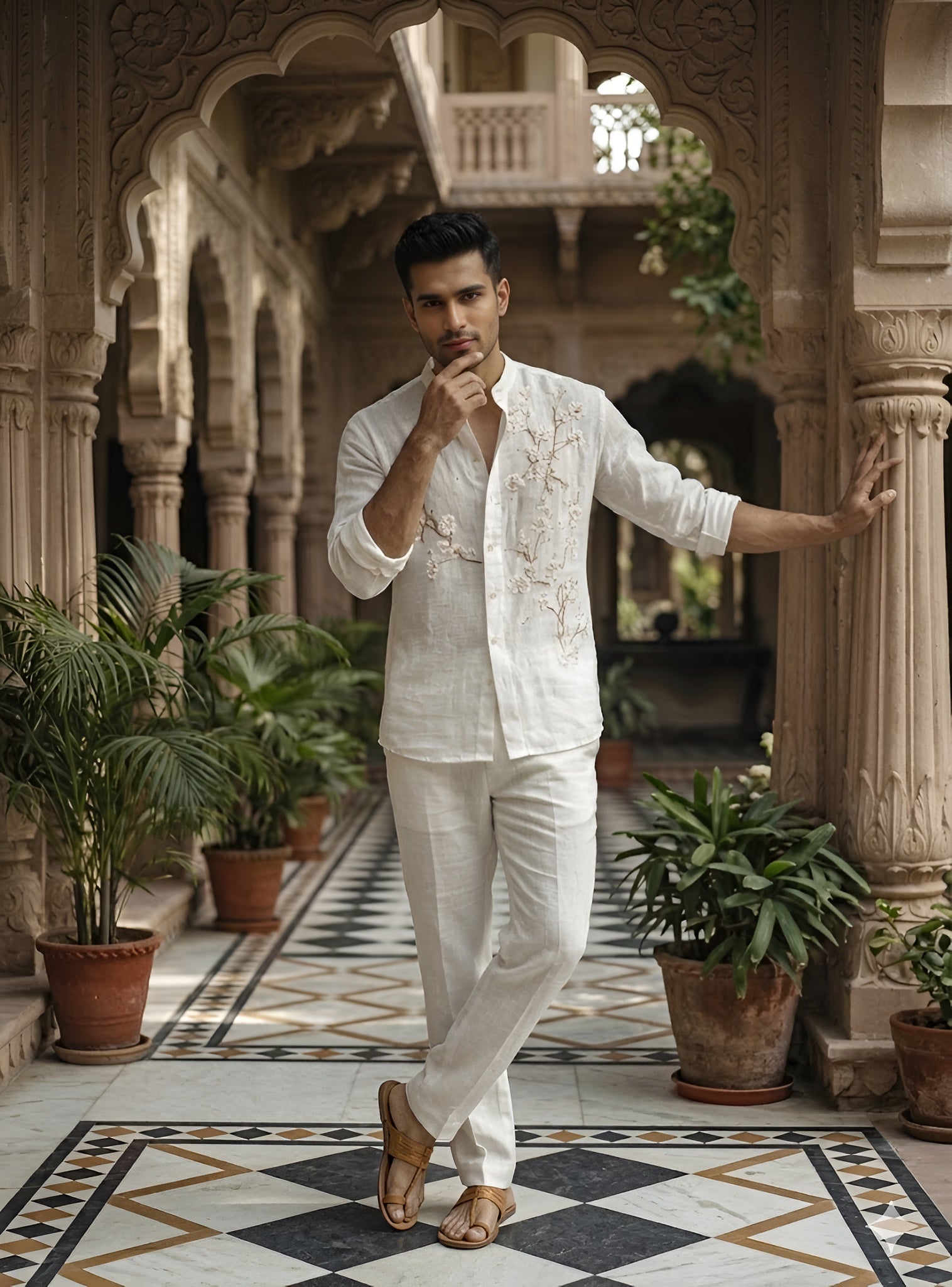 Men’s Linen Floral Embroidered Shirt
