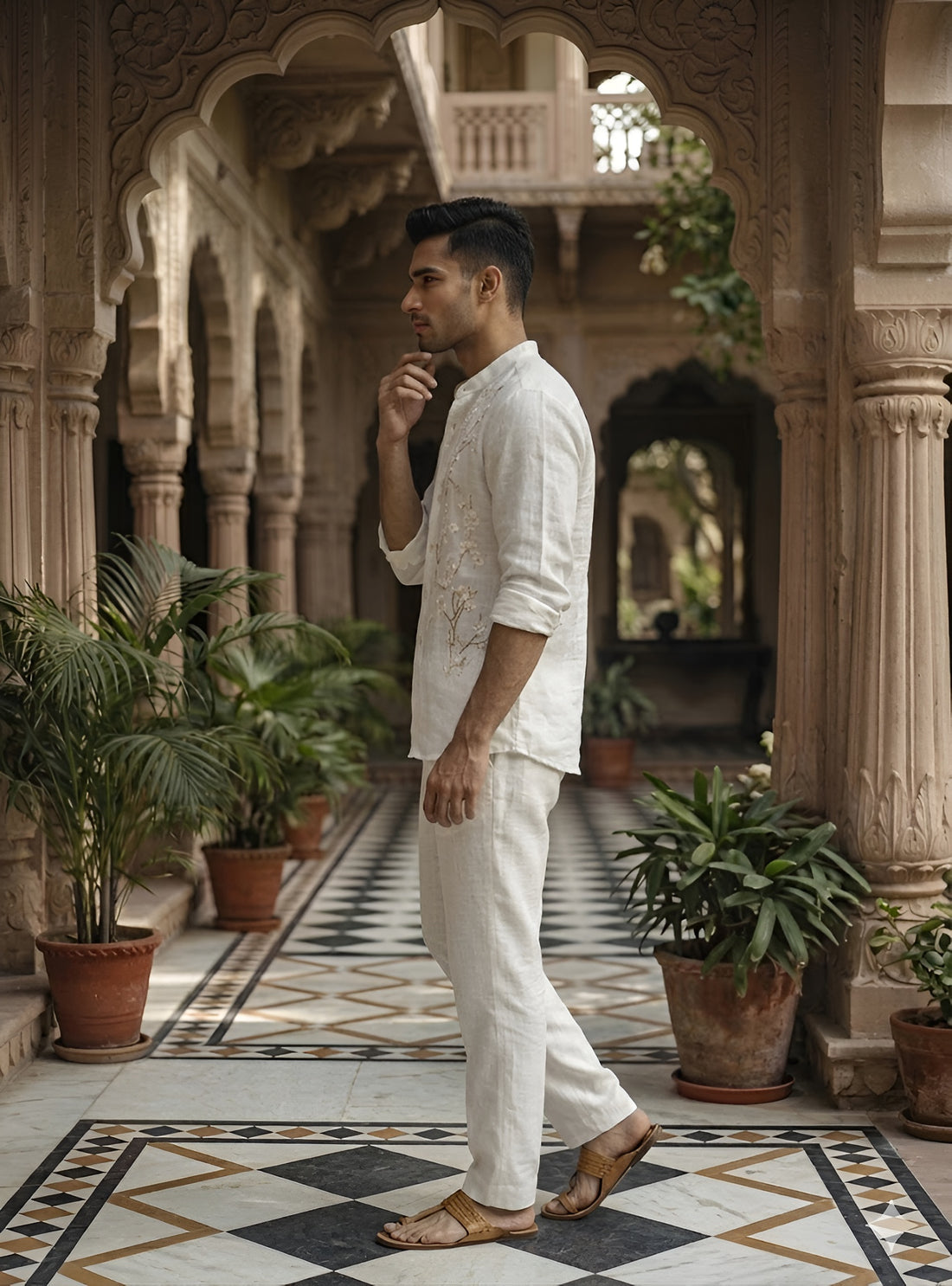 Men’s Linen Floral Embroidered Shirt