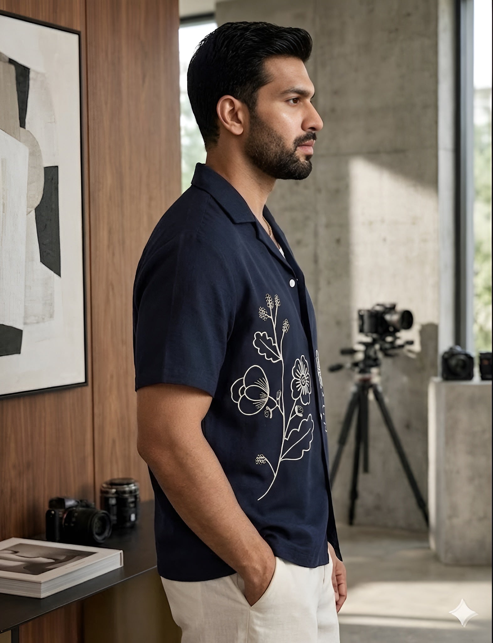 Men’s Navy Blue Cotton Embroidered Summer Shirt