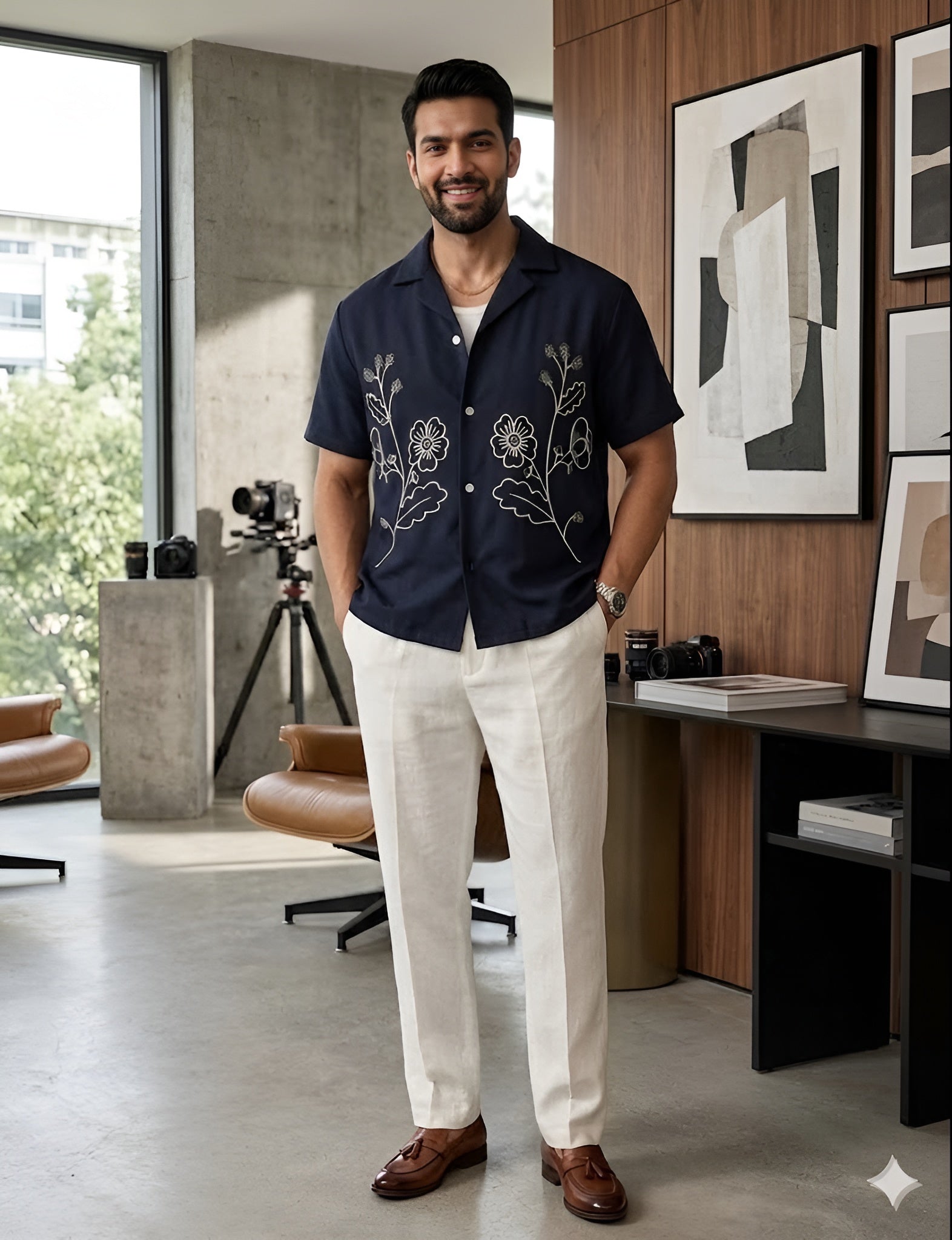 Men’s Navy Blue Cotton Embroidered Summer Shirt